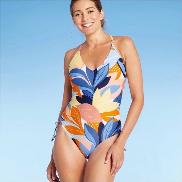 Kona Sol Twist Front Floral Print Shirred Med Coverage One Piece Swimsuit NEW! - Picture 2 of 16